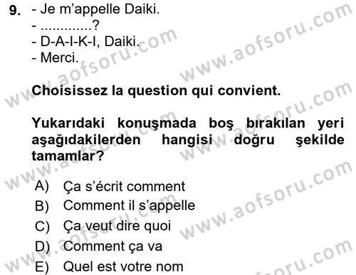 Fransızca 1 Dersi Ara Sınavı Deneme Sınav Soruları 9. Soru