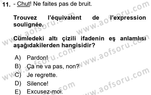 Fransızca 1 Dersi 2016 - 2017 Yılı (Final) Dönem Sonu Sınav Soruları 11. Soru