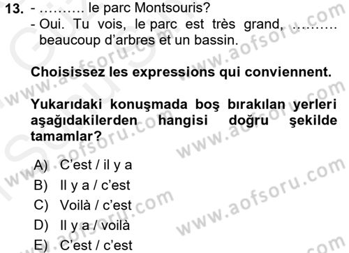 Fransızca 1 Dersi 2016 - 2017 Yılı (Final) Dönem Sonu Sınav Soruları 13. Soru
