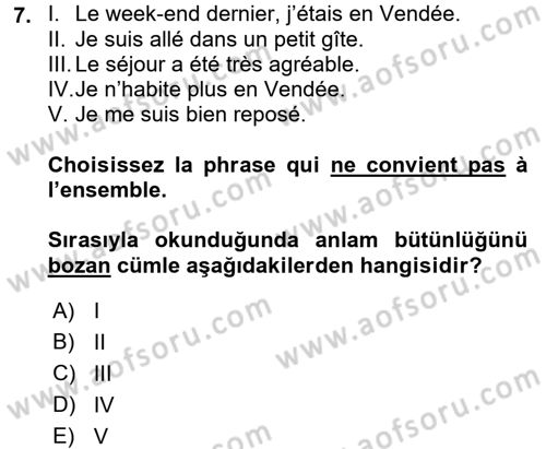 Fransızca 1 Dersi 2016 - 2017 Yılı (Final) Dönem Sonu Sınav Soruları 7. Soru