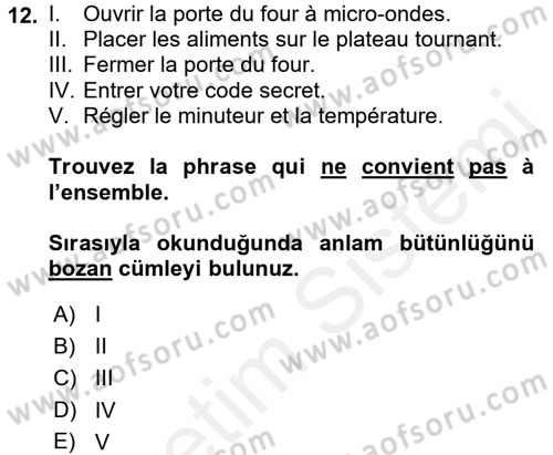 Fransızca 1 Dersi 2017 - 2018 Yılı 3 Ders Sınav Soruları 12. Soru