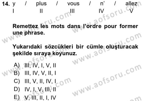 Fransızca 1 Dersi 2017 - 2018 Yılı 3 Ders Sınav Soruları 14. Soru