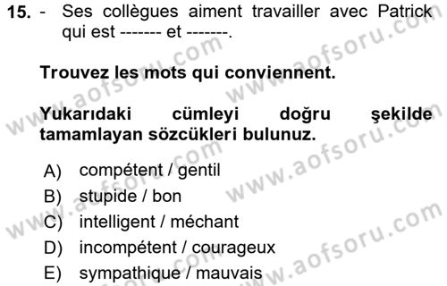 Fransızca 1 Dersi 2017 - 2018 Yılı 3 Ders Sınav Soruları 15. Soru