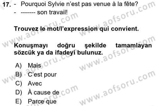 Fransızca 1 Dersi 2017 - 2018 Yılı 3 Ders Sınav Soruları 17. Soru