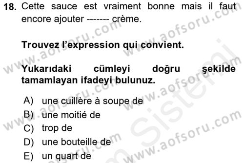 Fransızca 1 Dersi 2017 - 2018 Yılı 3 Ders Sınav Soruları 18. Soru