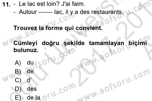 Fransızca 1 Dersi Ara Sınavı Deneme Sınav Soruları 11. Soru