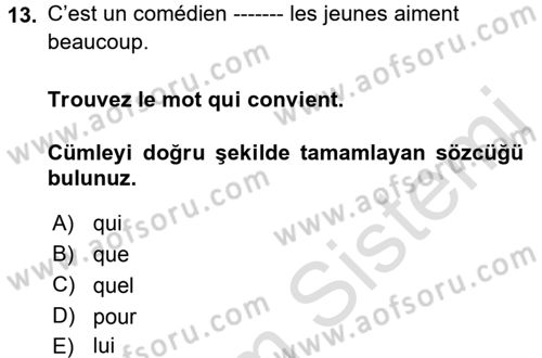 Fransızca 1 Dersi Ara Sınavı Deneme Sınav Soruları 13. Soru