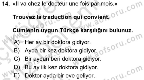 Fransızca 1 Dersi Ara Sınavı Deneme Sınav Soruları 14. Soru