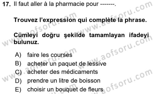 Fransızca 1 Dersi Ara Sınavı Deneme Sınav Soruları 17. Soru