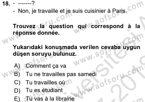 Fransızca 1 Dersi Ara Sınavı Deneme Sınav Soruları 18. Soru