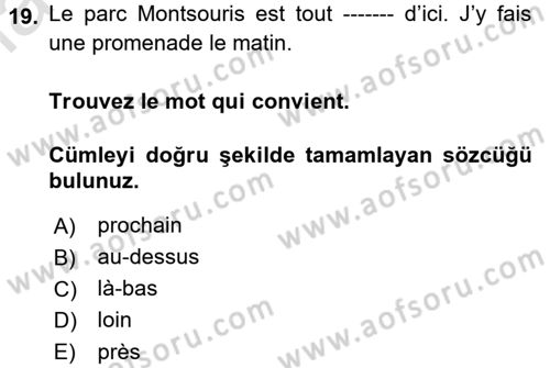 Fransızca 1 Dersi Ara Sınavı Deneme Sınav Soruları 19. Soru