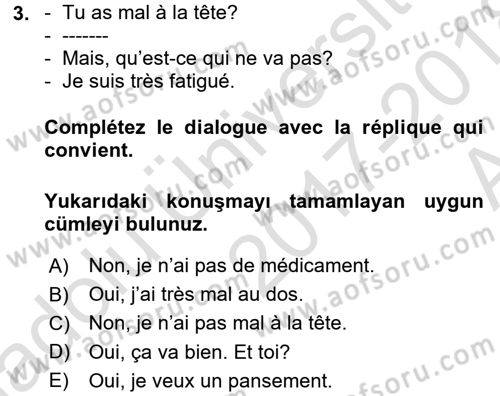 Fransızca 1 Dersi Ara Sınavı Deneme Sınav Soruları 3. Soru