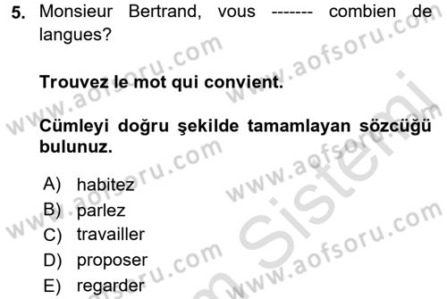 Fransızca 1 Dersi Ara Sınavı Deneme Sınav Soruları 5. Soru