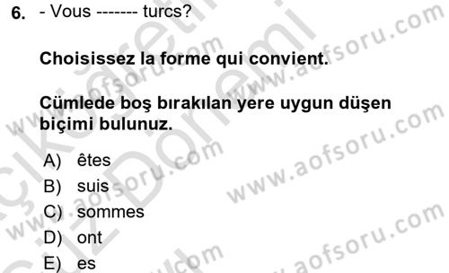 Fransızca 1 Dersi Ara Sınavı Deneme Sınav Soruları 6. Soru
