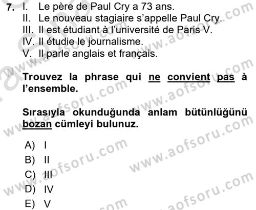 Fransızca 1 Dersi Ara Sınavı Deneme Sınav Soruları 7. Soru