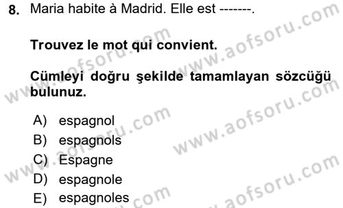 Fransızca 1 Dersi Ara Sınavı Deneme Sınav Soruları 8. Soru