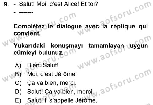 Fransızca 1 Dersi Ara Sınavı Deneme Sınav Soruları 9. Soru