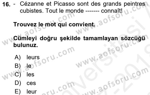 Fransızca 1 Dersi 2017 - 2018 Yılı (Final) Dönem Sonu Sınav Soruları 16. Soru
