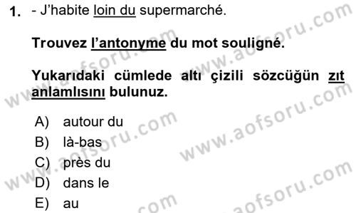 Fransızca 1 Dersi Ara Sınavı Deneme Sınav Soruları 1. Soru