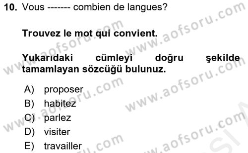 Fransızca 1 Dersi 2018 - 2019 Yılı (Vize) Ara Sınav Soruları 10. Soru