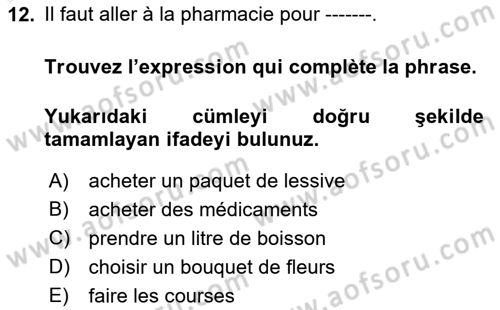 Fransızca 1 Dersi 2018 - 2019 Yılı (Vize) Ara Sınav Soruları 12. Soru