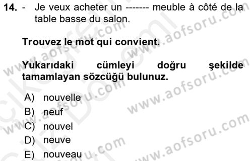 Fransızca 1 Dersi Ara Sınavı Deneme Sınav Soruları 14. Soru