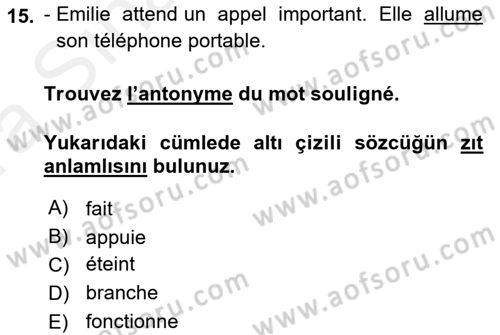 Fransızca 1 Dersi Ara Sınavı Deneme Sınav Soruları 15. Soru