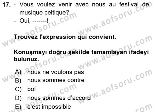 Fransızca 1 Dersi Ara Sınavı Deneme Sınav Soruları 17. Soru