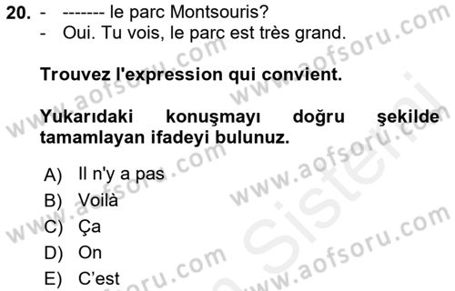Fransızca 1 Dersi Ara Sınavı Deneme Sınav Soruları 20. Soru