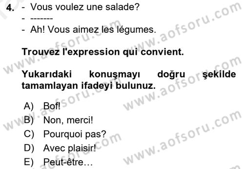Fransızca 1 Dersi 2018 - 2019 Yılı (Vize) Ara Sınav Soruları 4. Soru