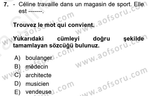 Fransızca 1 Dersi Ara Sınavı Deneme Sınav Soruları 7. Soru