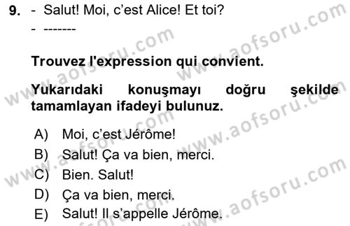 Fransızca 1 Dersi Ara Sınavı Deneme Sınav Soruları 9. Soru