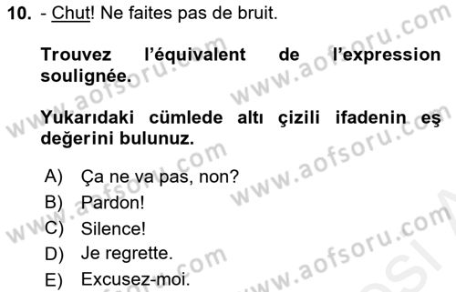Fransızca 1 Dersi 2018 - 2019 Yılı (Final) Dönem Sonu Sınavı 10. Soru