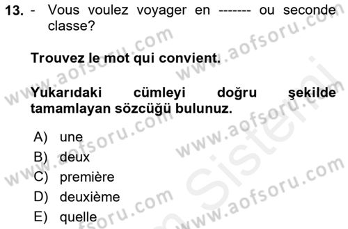 Fransızca 1 Dersi 2018 - 2019 Yılı (Final) Dönem Sonu Sınavı 13. Soru