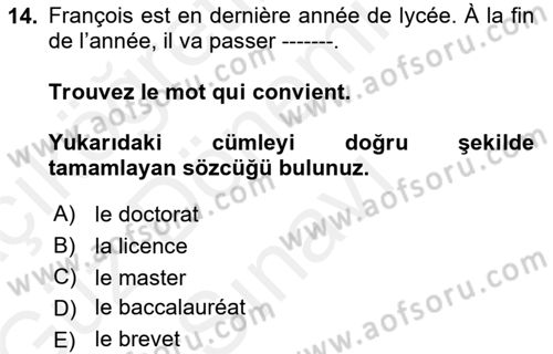 Fransızca 1 Dersi 2018 - 2019 Yılı (Final) Dönem Sonu Sınavı 14. Soru