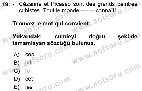 Fransızca 1 Dersi 2018 - 2019 Yılı (Final) Dönem Sonu Sınavı 19. Soru