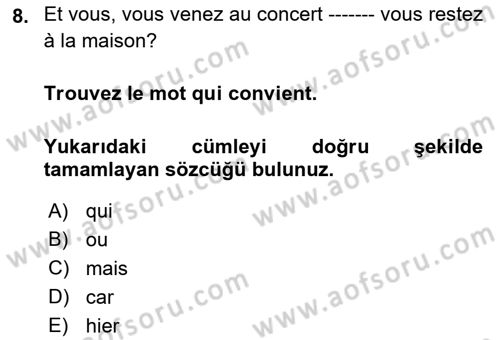 Fransızca 1 Dersi 2018 - 2019 Yılı (Final) Dönem Sonu Sınavı 8. Soru