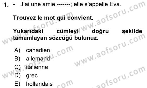 Fransızca 1 Dersi Ara Sınavı Deneme Sınav Soruları 1. Soru
