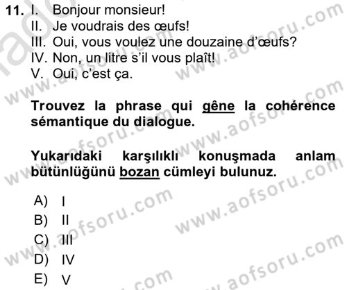 Fransızca 1 Dersi Ara Sınavı Deneme Sınav Soruları 11. Soru