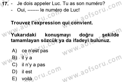 Fransızca 1 Dersi Ara Sınavı Deneme Sınav Soruları 17. Soru