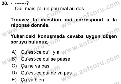 Fransızca 1 Dersi Ara Sınavı Deneme Sınav Soruları 20. Soru