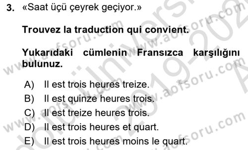 Fransızca 1 Dersi Ara Sınavı Deneme Sınav Soruları 3. Soru