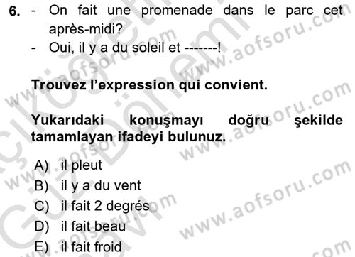 Fransızca 1 Dersi Ara Sınavı Deneme Sınav Soruları 6. Soru