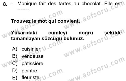 Fransızca 1 Dersi Ara Sınavı Deneme Sınav Soruları 8. Soru