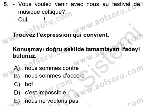 Fransızca 1 Dersi 2019 - 2020 Yılı (Final) Dönem Sonu Sınavı 5. Soru