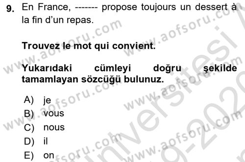 Fransızca 1 Dersi 2019 - 2020 Yılı (Final) Dönem Sonu Sınavı 9. Soru