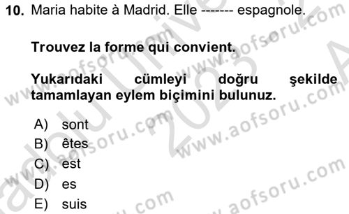 Fransızca 1 Dersi 2023 - 2024 Yılı (Vize) Ara Sınav Soruları 10. Soru