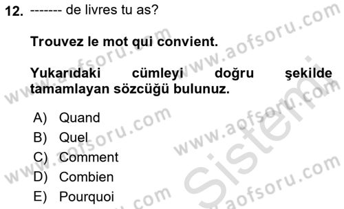 Fransızca 1 Dersi 2023 - 2024 Yılı (Vize) Ara Sınav Soruları 12. Soru