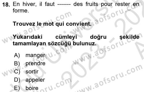 Fransızca 1 Dersi 2023 - 2024 Yılı (Vize) Ara Sınav Soruları 18. Soru