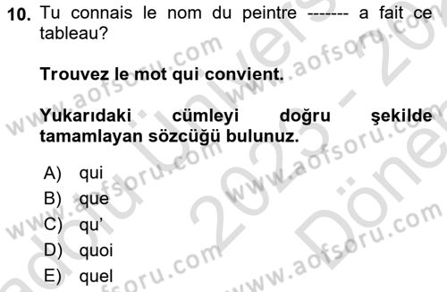 Fransızca 1 Dersi 2023 - 2024 Yılı (Final) Dönem Sonu Sınav Soruları 10. Soru